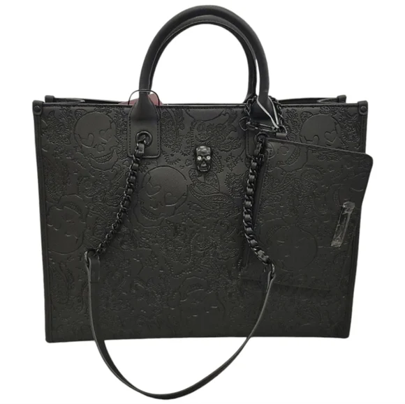 Betsey Johnson "skulltatstic"  black skull 2 PC large tote with wristlet XOKIARA - Picture 4 of 10